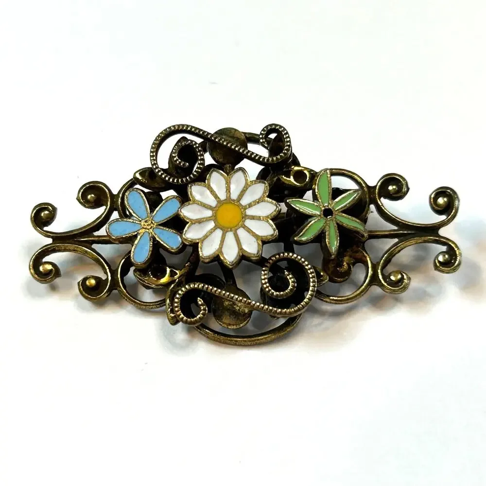 Vintage Stacked Filigree Enamel Daisy Flowers Brooch Pin‎
